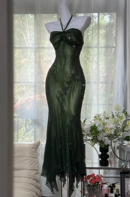Glamorous Mermaid Halter Beaded Emerald Maxi Prom Dress
