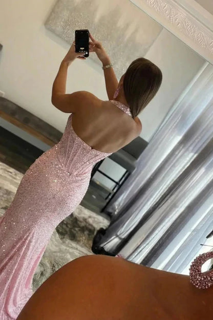 Glamorous Mermaid Halter Beaded Pink Floor-Length Evening Dress