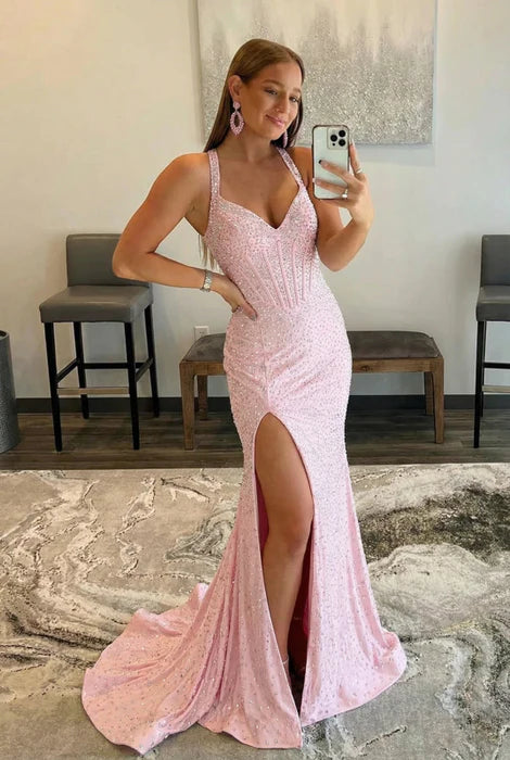 Glamorous Mermaid Halter Beaded Pink Floor-Length Evening Dress