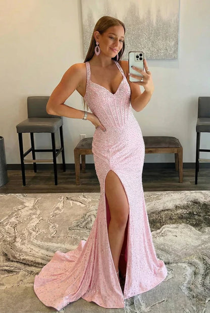 Glamorous Mermaid Halter Beaded Pink Floor-Length Evening Dress