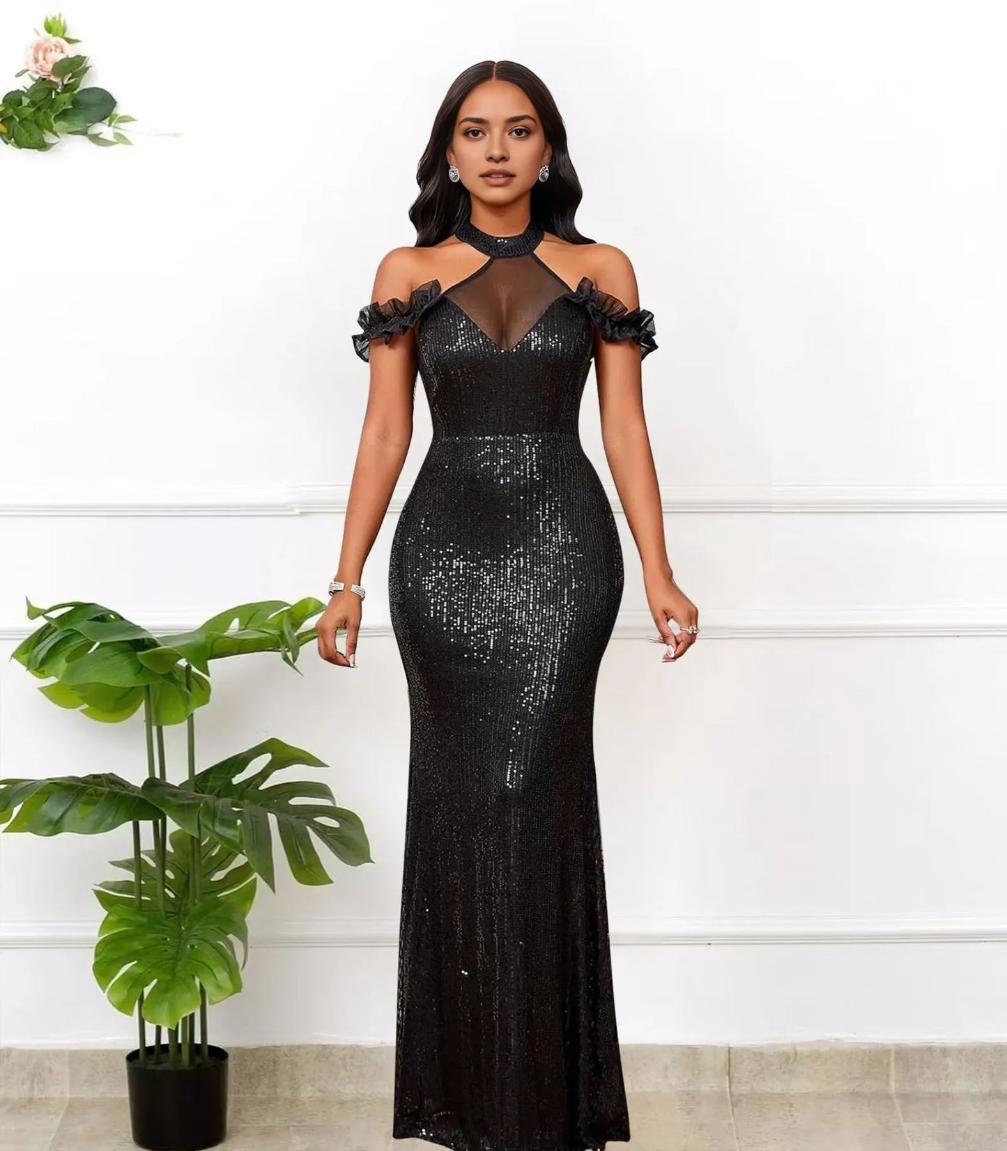 Glamorous Mermaid Halter Neck Backless Off-Shoulder Ruffled Sequin Floor-Length Evening Dress