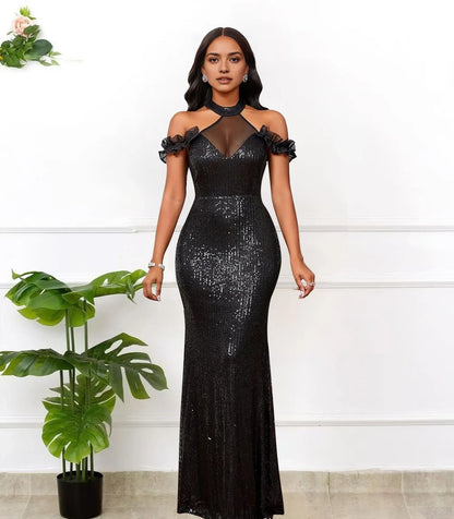 Glamorous Mermaid Halter Neck Backless Off-Shoulder Ruffled Sequin Floor-Length Evening Dress