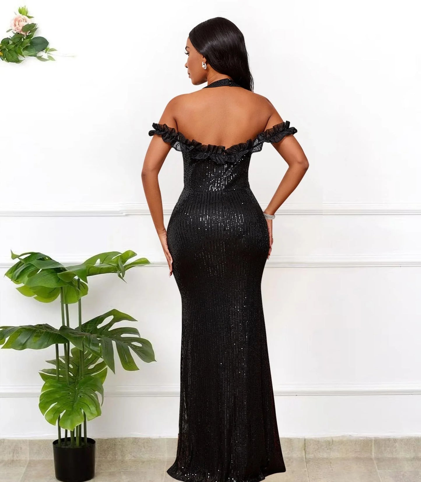 Glamorous Mermaid Halter Neck Backless Off-Shoulder Ruffled Sequin Floor-Length Evening Dress