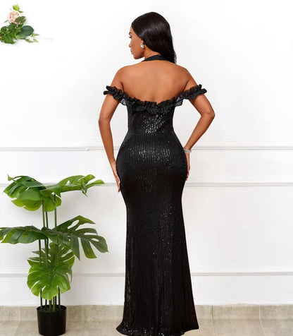 Glamorous Mermaid Halter Neck Backless Off-Shoulder Ruffled Sequin Floor-Length Evening Dress