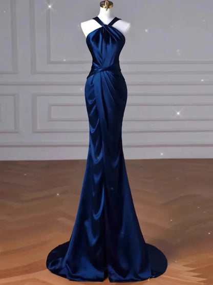 Glamorous Mermaid Halter Neck Sleeveless Ruched Navy Blue Maxi Prom Dress for Women Ready to Ship