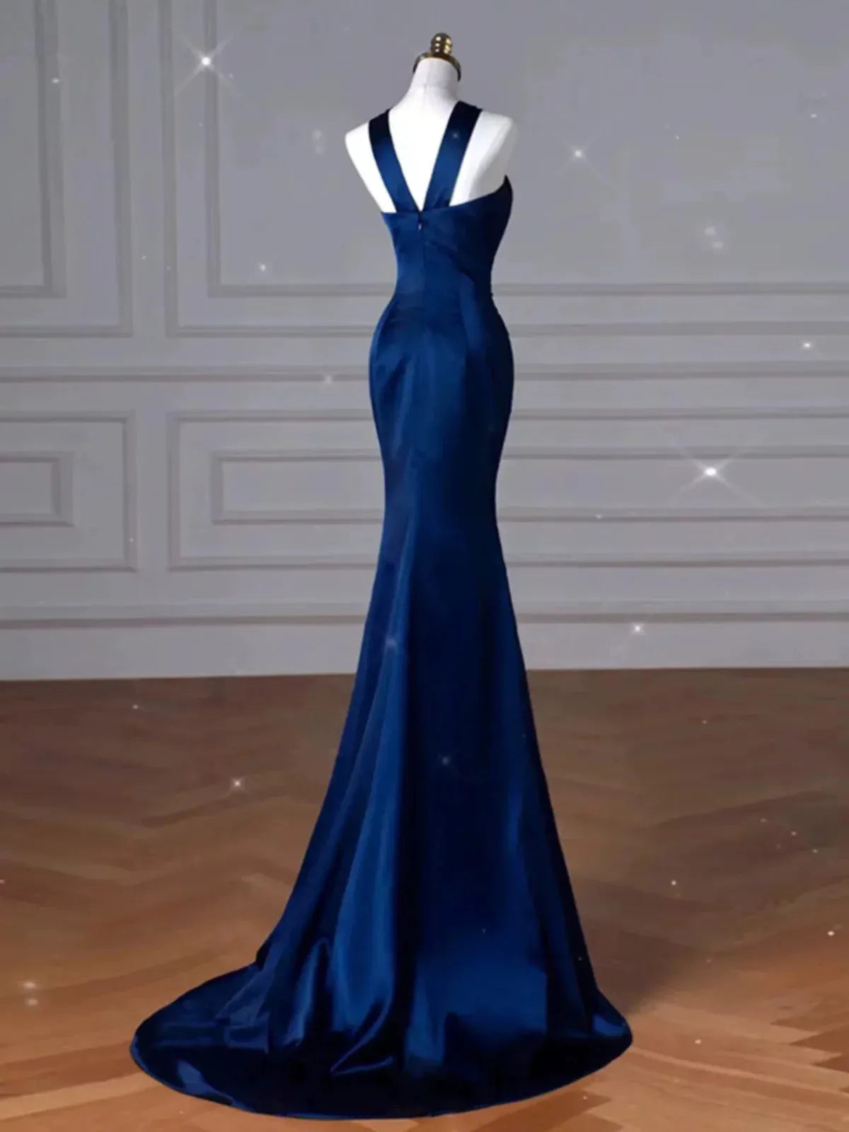 Glamorous Mermaid Halter Neck Sleeveless Ruched Navy Blue Maxi Prom Dress for Women Ready to Ship