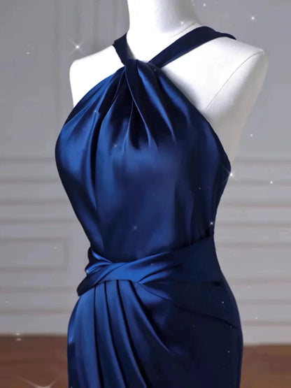 Glamorous Mermaid Halter Neck Sleeveless Ruched Navy Blue Maxi Prom Dress for Women Ready to Ship