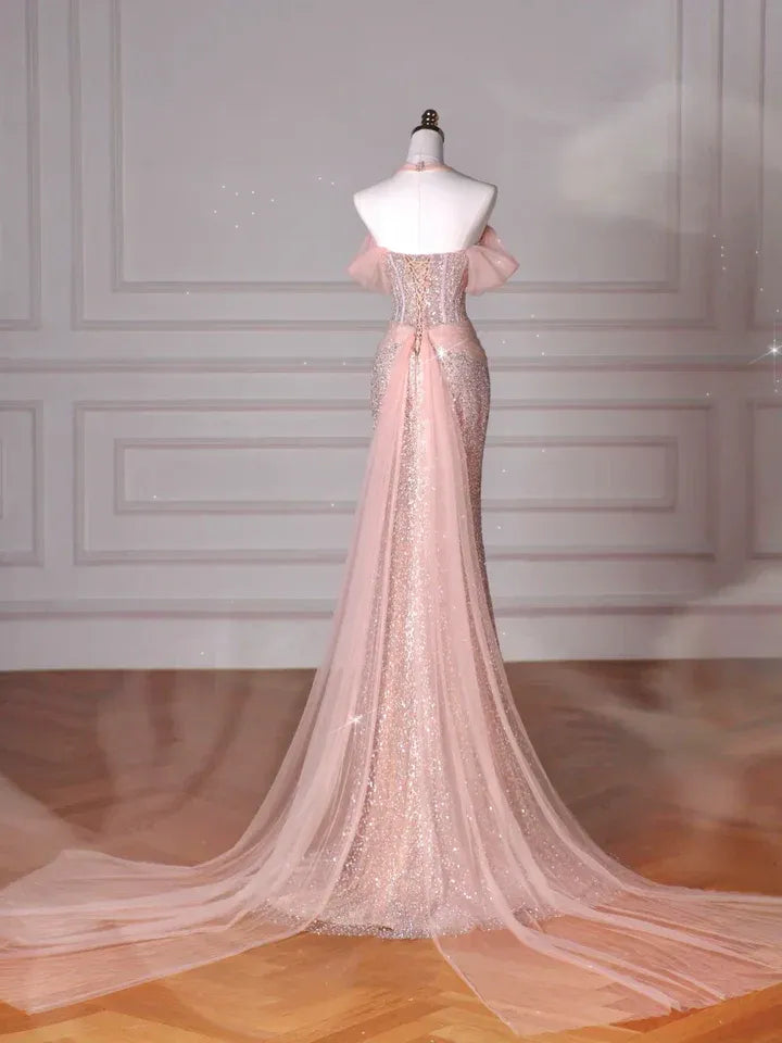 Glamorous Mermaid Halter Neck Sleeveless Sequin Blush Pink Maxi Prom Dress for Women Custom