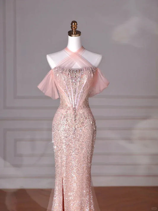 Glamorous Mermaid Halter Neck Sleeveless Sequin Blush Pink Maxi Prom Dress for Women Custom