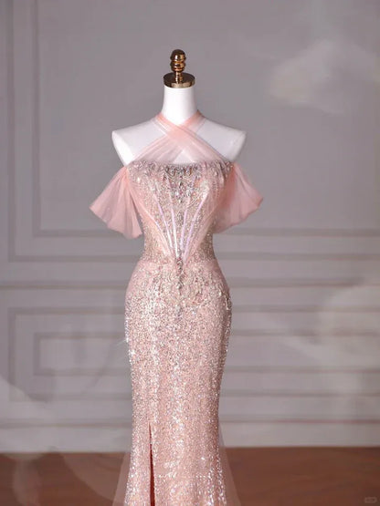 Glamorous Mermaid Halter Neck Sleeveless Sequin Blush Pink Maxi Prom Dress for Women Custom