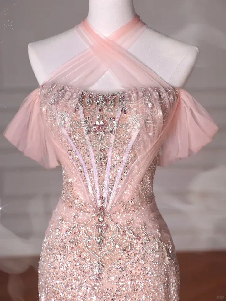 Glamorous Mermaid Halter Neck Sleeveless Sequin Blush Pink Maxi Prom Dress for Women Custom