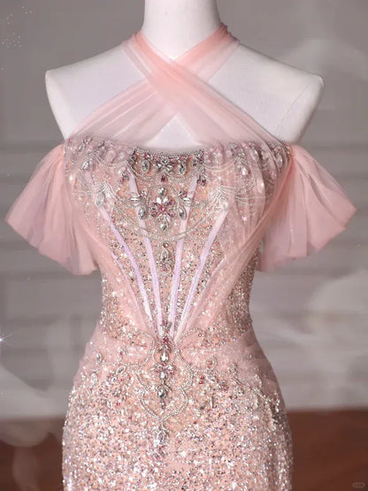 Glamorous Mermaid Halter Neck Sleeveless Sequin Blush Pink Maxi Prom Dress for Women Custom