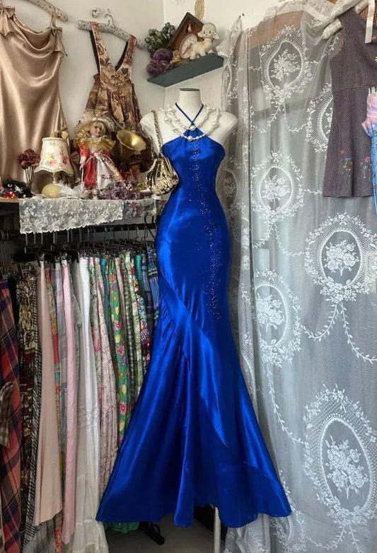 Glamorous Mermaid Halter Neck Sleeveless Sequin Royal Blue Maxi Prom Dress for Women Hot Sale