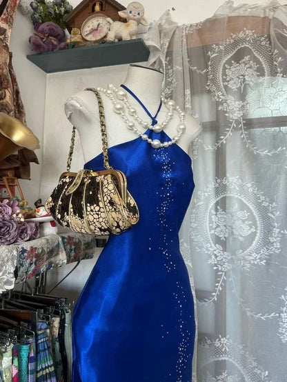 Glamorous Mermaid Halter Neck Sleeveless Sequin Royal Blue Maxi Prom Dress for Women Hot Sale