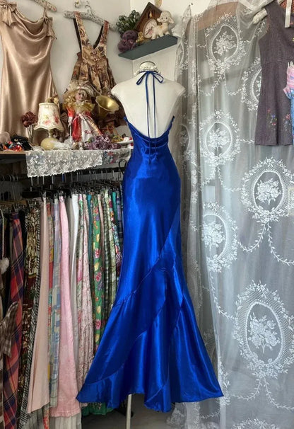 Glamorous Mermaid Halter Neck Sleeveless Sequin Royal Blue Maxi Prom Dress for Women Hot Sale