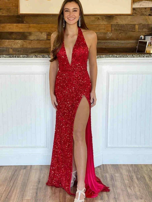 Glamorous Mermaid Halter Sequin Red Floor-Length Prom Dress