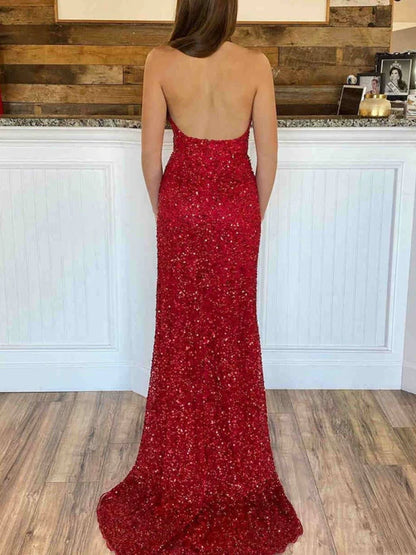 Glamorous Mermaid Halter Sequin Red Floor-Length Prom Dress
