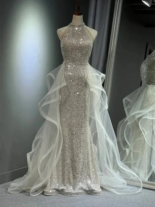 Glamorous Mermaid Halter Sequin Silver Evening Dress For Ladies Hot Sale
