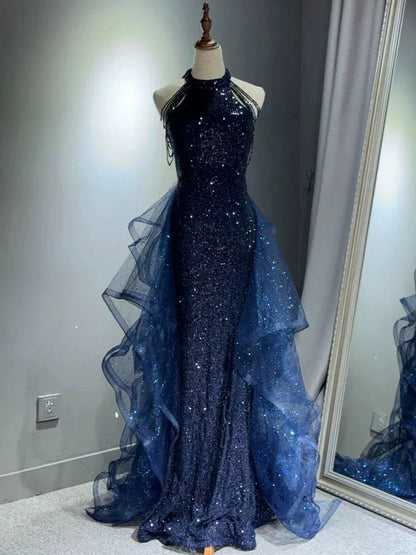 Glamorous Mermaid Halter Sleeveless Ruffled Navy Maxi Wedding Dress