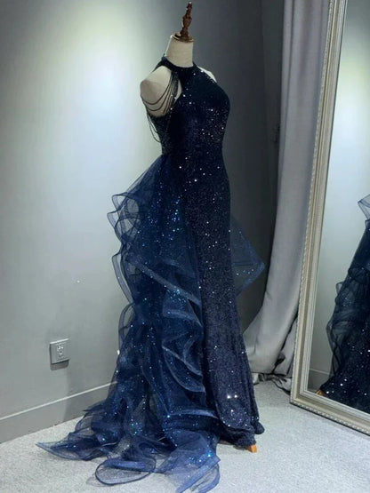 Glamorous Mermaid Halter Sleeveless Ruffled Navy Maxi Wedding Dress