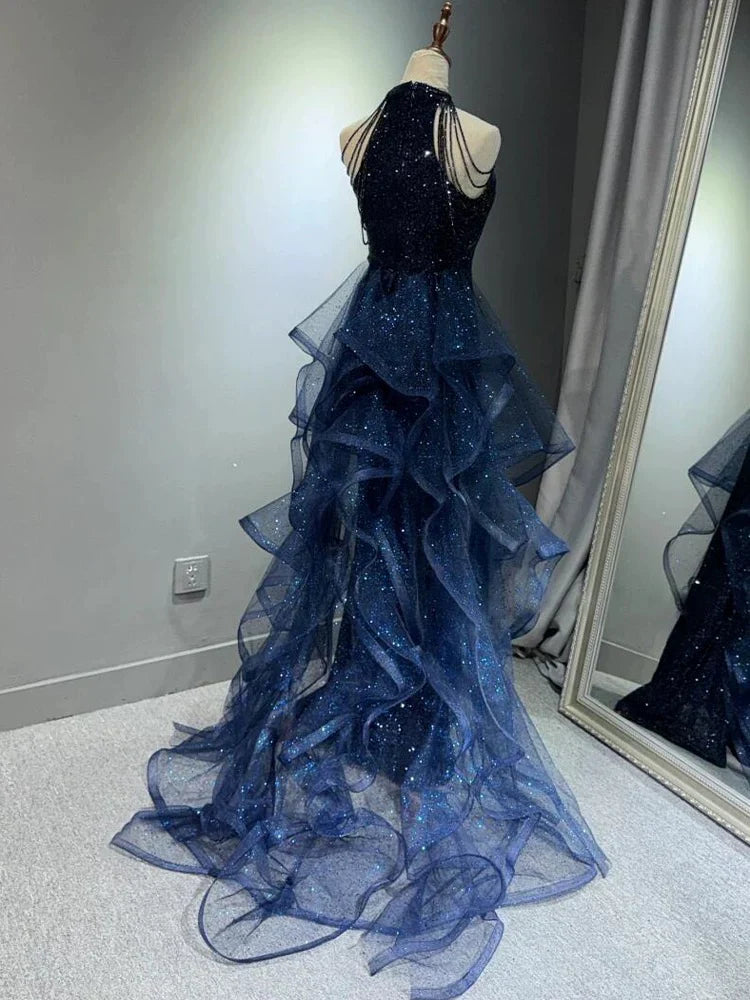 Glamorous Mermaid Halter Sleeveless Ruffled Navy Maxi Wedding Dress