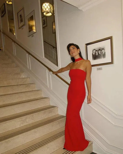 Glamorous Mermaid Halter Sleeveless Satin Floor Length Evening Gown