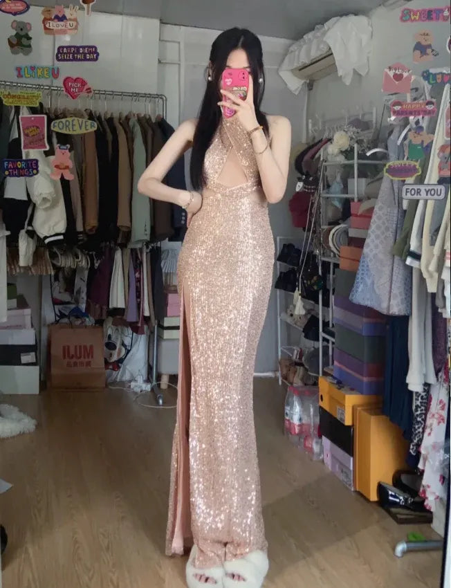 Glamorous Mermaid Halter Sleeveless Sequin Rose Gold Long Prom Dress for Women Ready to Ship