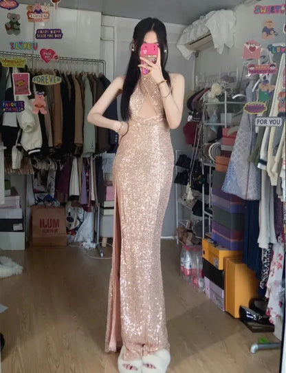 Glamorous Mermaid Halter Sleeveless Sequin Rose Gold Long Prom Dress for Women Ready to Ship