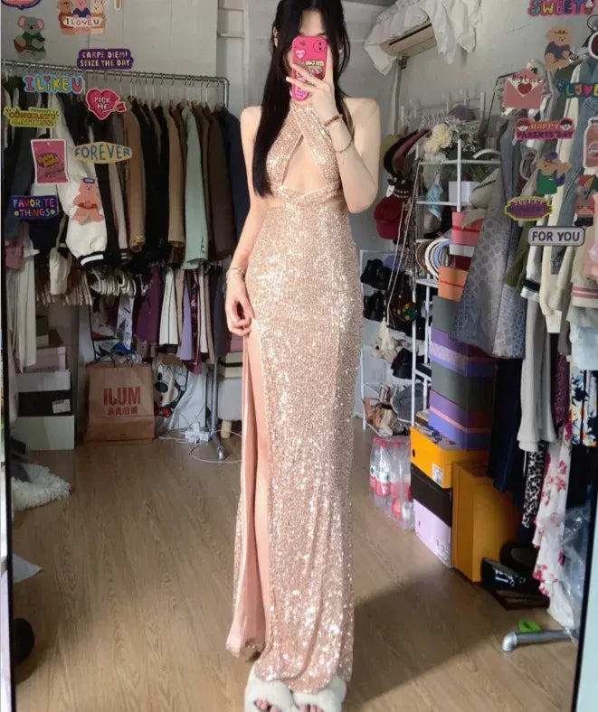 Glamorous Mermaid Halter Sleeveless Sequin Rose Gold Long Prom Dress for Women Ready to Ship