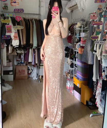 Glamorous Mermaid Halter Sleeveless Sequin Rose Gold Long Prom Dress for Women Ready to Ship
