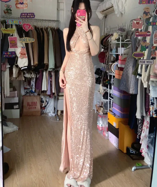 Glamorous Mermaid Halter Sleeveless Sequin Rose Gold Long Prom Dress for Women Ready to Ship