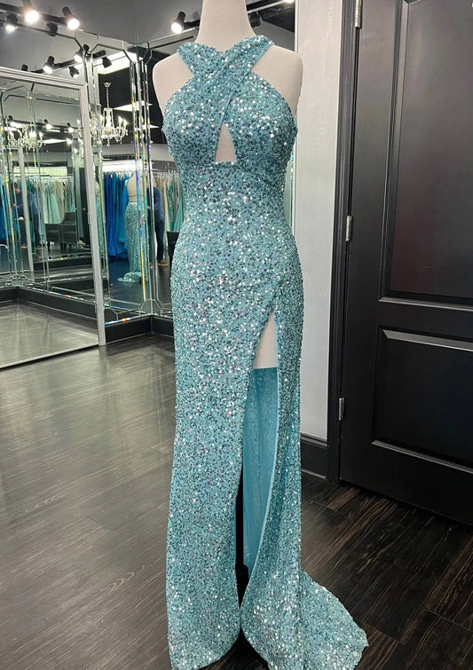 Glamorous Mermaid Halter Sleeveless Sequin Teal Floor-Length Evening Dress For Women