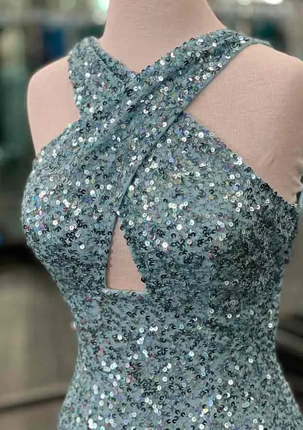 Glamorous Mermaid Halter Sleeveless Sequin Teal Floor-Length Evening Dress For Women