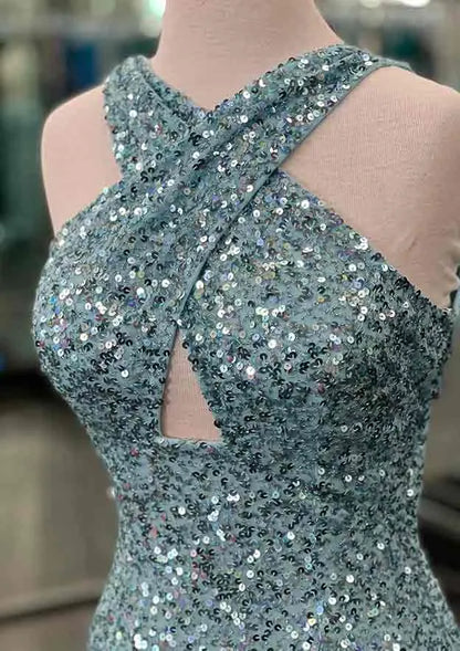 Glamorous Mermaid Halter Sleeveless Sequin Teal Floor-Length Evening Dress For Women