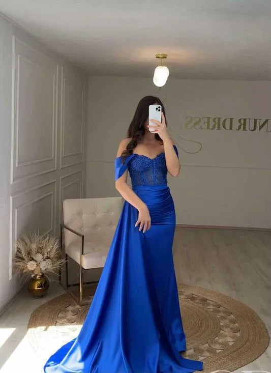 Glamorous Mermaid Off-Shoulder Lace-Satin Royal Blue Maxi Evening Dress for Women
