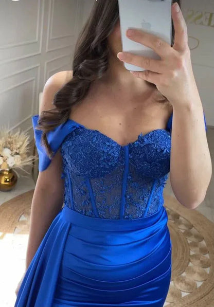 Glamorous Mermaid Off-Shoulder Lace-Satin Royal Blue Maxi Evening Dress for Women