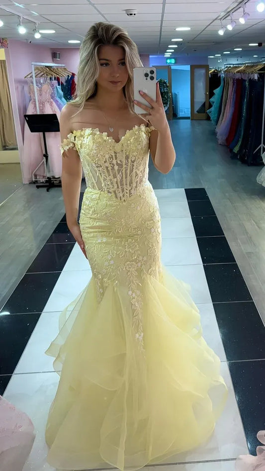 Glamorous Mermaid Off-Shoulder Lace Sequin Pale-Yellow Floor-Length Evening Dress for Women