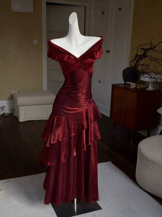 Glamorous Mermaid Off-Shoulder Ruffled Burgundy Floor-Length Prom Dress For Women Hot Sale