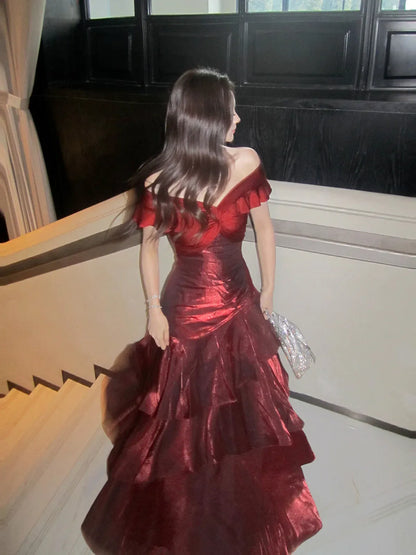 Glamorous Mermaid Off-Shoulder Ruffled Burgundy Floor-Length Prom Dress For Women Hot Sale
