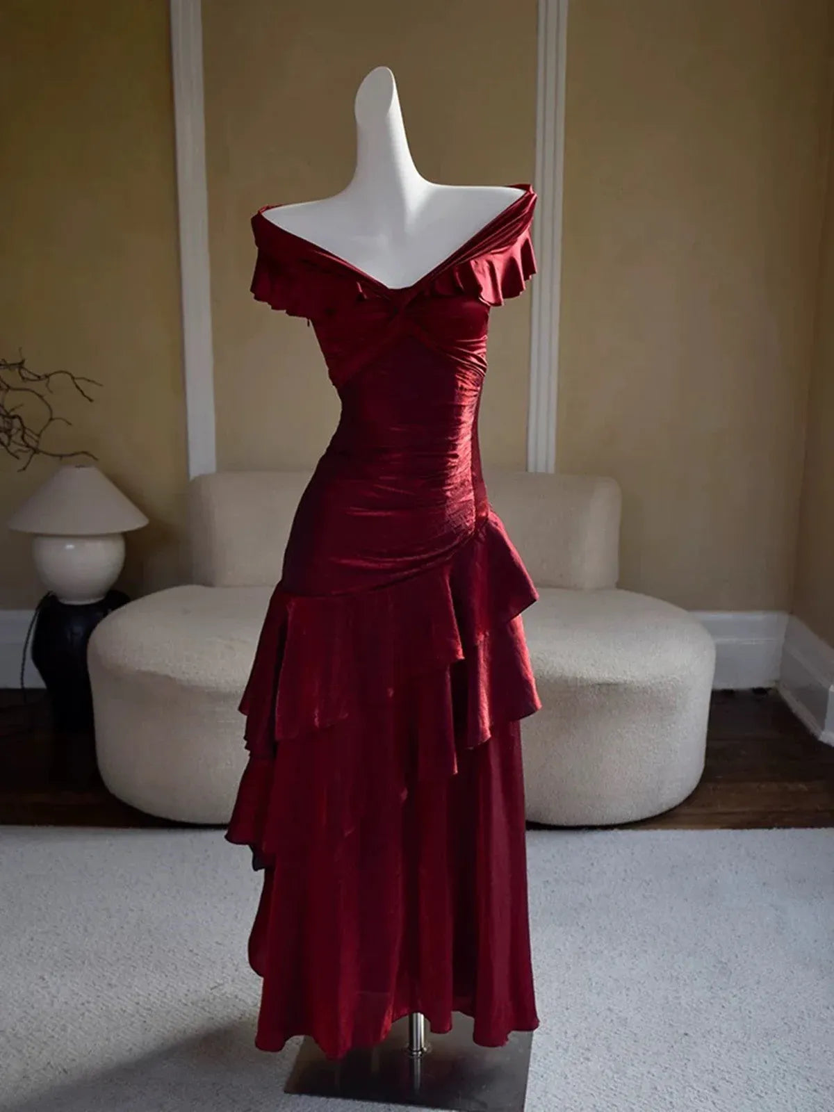 Glamorous Mermaid Off-Shoulder Ruffled Burgundy Floor-Length Prom Dress For Women Hot Sale