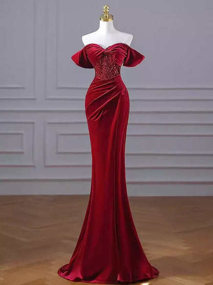 Glamorous Mermaid Off-Shoulder Short-Sleeved Sequin Floor-Length Prom Dress For Women Hot Sale