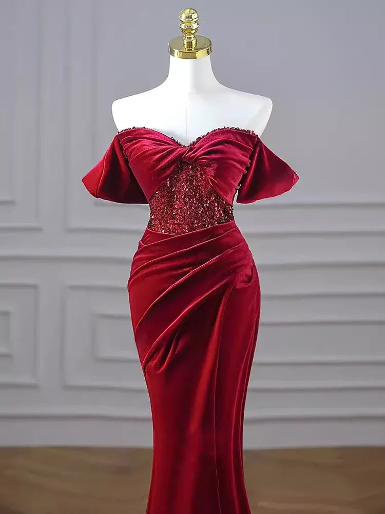 Glamorous Mermaid Off-Shoulder Short-Sleeved Sequin Floor-Length Prom Dress For Women Hot Sale
