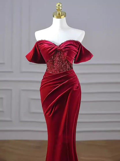 Glamorous Mermaid Off-Shoulder Short-Sleeved Sequin Floor-Length Prom Dress For Women Hot Sale