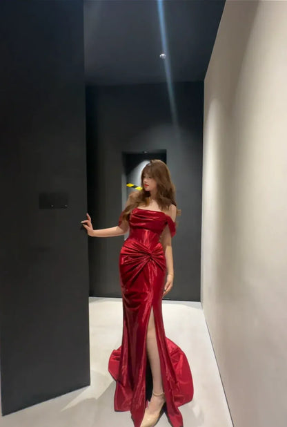 Glamorous Mermaid Off-Shoulder Sleeveless Ruched Red Long Prom Dress for Women Hot Sale