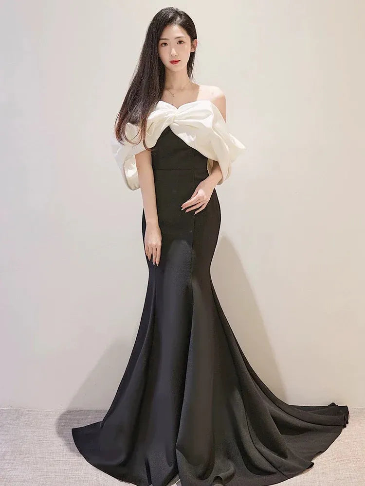 Glamorous Mermaid Off-the-Shoulder Puff-Sleeve Bow-Accented Black Maxi Prom Dress for Women Custom