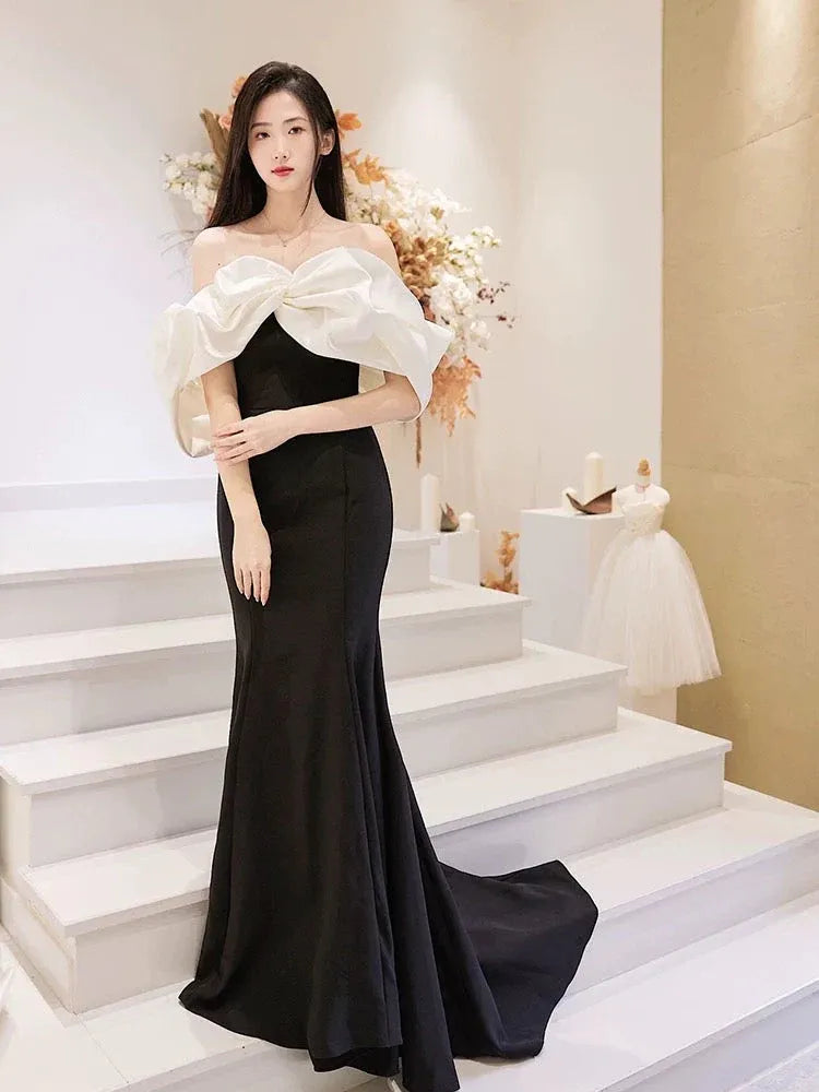 Glamorous Mermaid Off-the-Shoulder Puff-Sleeve Bow-Accented Black Maxi Prom Dress for Women Custom