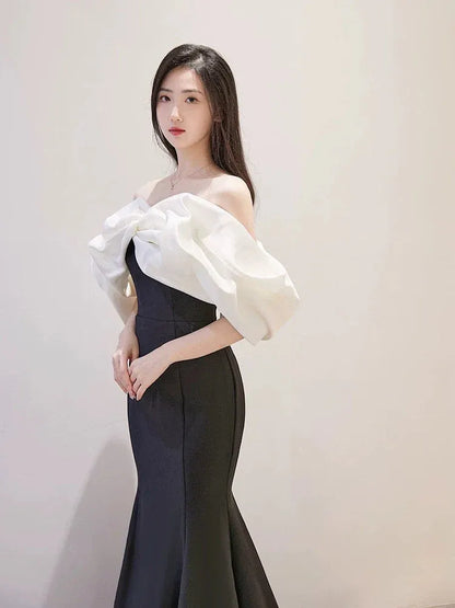 Glamorous Mermaid Off-the-Shoulder Puff-Sleeve Bow-Accented Black Maxi Prom Dress for Women Custom