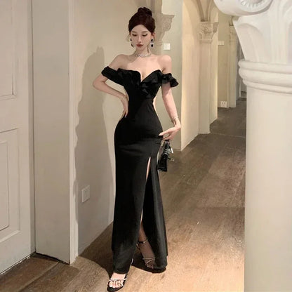Glamorous Mermaid Off-the-Shoulder Ruffle-Accented Black Maxi Prom Dress for Women for sale