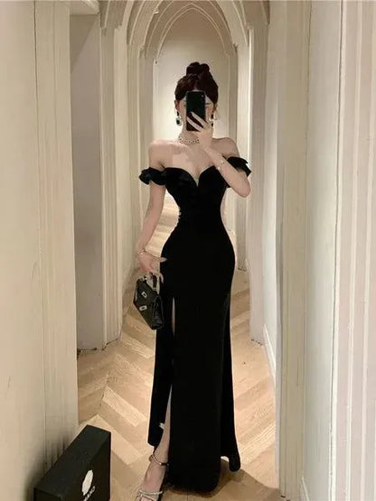 Glamorous Mermaid Off-the-Shoulder Ruffle-Accented Black Maxi Prom Dress for Women for sale