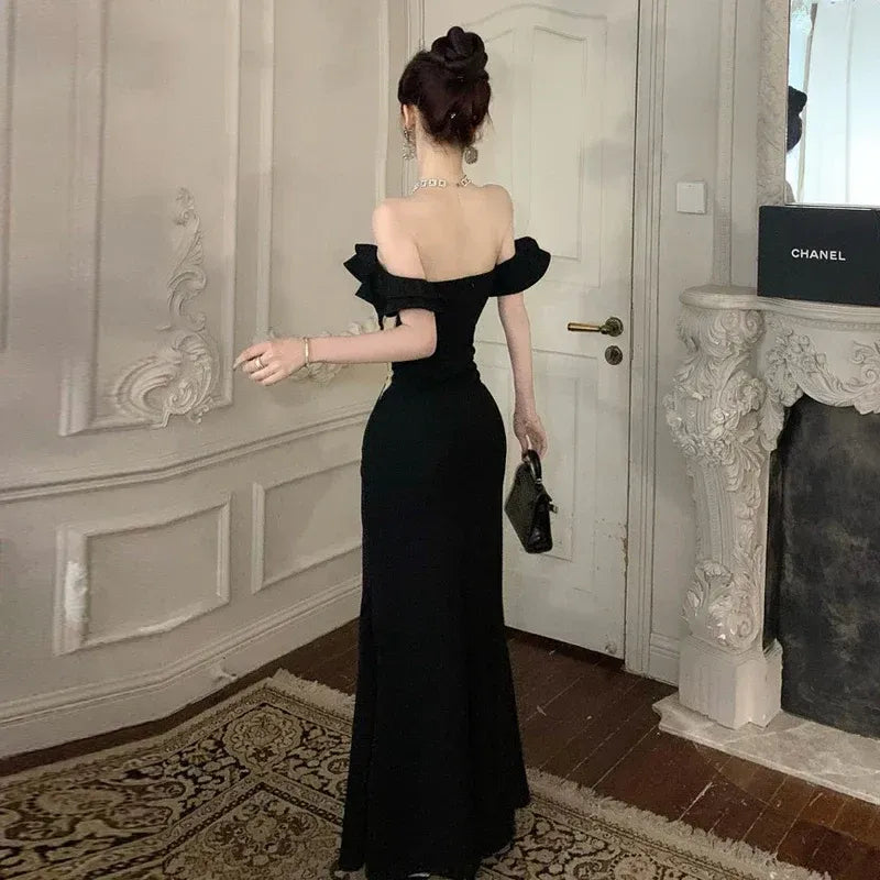 Glamorous Mermaid Off-the-Shoulder Ruffle-Accented Black Maxi Prom Dress for Women for sale